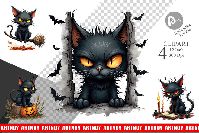Grumpy Black Cat Clipart Sublimation artnoy 