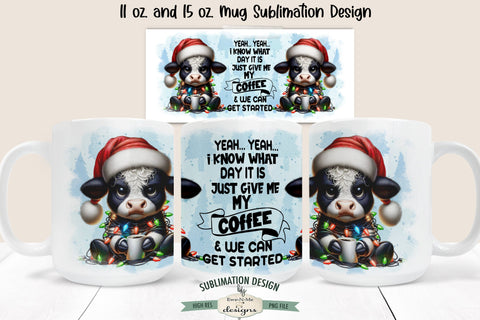 Grumpy Christmas Cow Sublimation Mug - 11 & 15 oz. Mug Design PNG Sublimation Ewe-N-Me Designs 