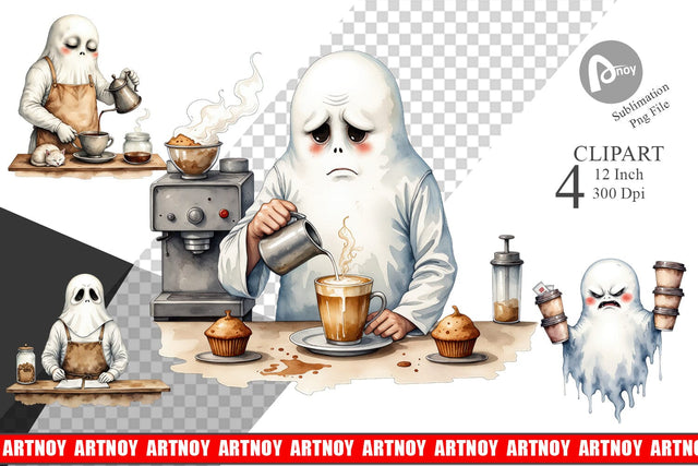 Grumpy Ghost Barista Clipart Sublimation artnoy 