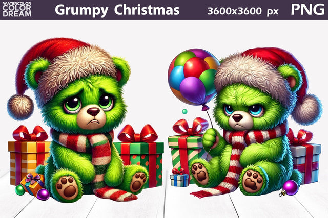 Grumpy Green Bear Christmas Clipart | Cute Bear Sublimation Sublimation WatercolorColorDream 
