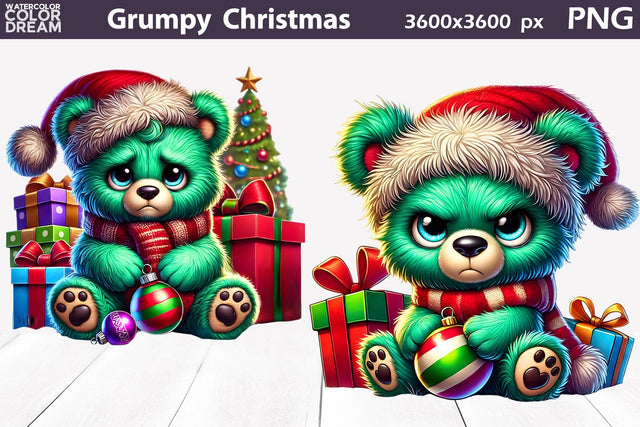 Grumpy Green Bear Christmas Clipart | Cute Bear Sublimation Sublimation WatercolorColorDream 