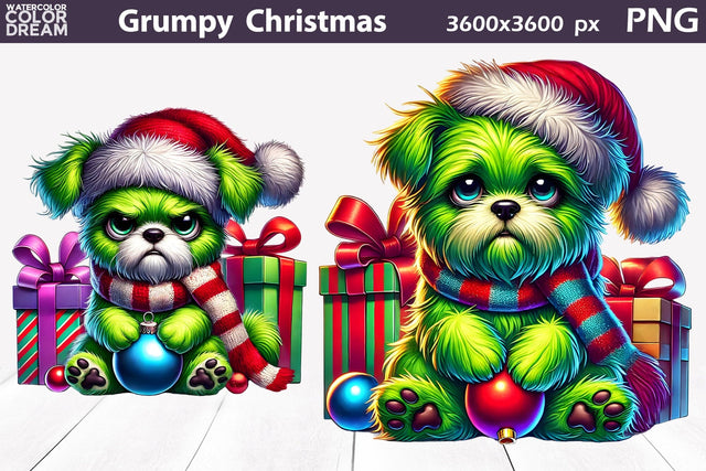 Grumpy Green Dog Christmas Clipart | Puppy Sublimation Sublimation WatercolorColorDream 