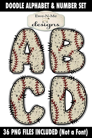 Grunge Baseball Doodle Alphabet & Numbers | PNG Files Sublimation Ewe-N-Me Designs 
