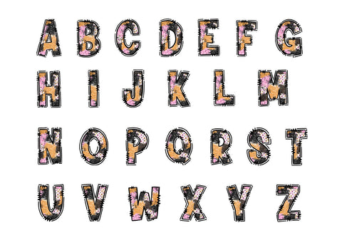 Grunge Halloween Alphabet PNG, Pink Orange Doodle Letters Sublimation BijouBay 