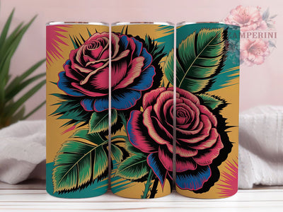 Grunge Roses Barbed 20oz Tumbler, Orange Roses, Teal Roses, Barbed Wire, Grunge Ink, Tattoo Style, 20oz Sublimation Sublimation Li Zamperini 