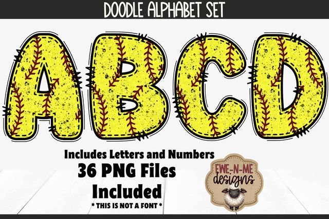 Grunge Softball Doodle Alphabet & Numbers | PNG Files Sublimation Ewe-N-Me Designs 