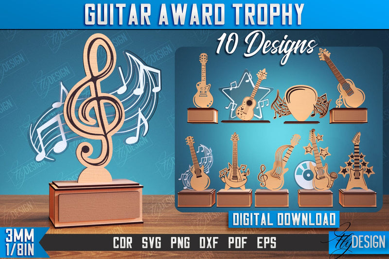 Guitar Award Trophy Laser Cut Bundle, Personalized Reward, Musician Gift Idea SVG Fly Design 