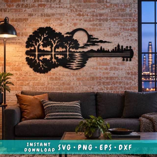Guitar Nature Scene Laser SVG | Forest Guitar DXF | Music Metal Art | Mountain Lake Svg | CNC Plasma Cut File SVG HappyDesignStudio 