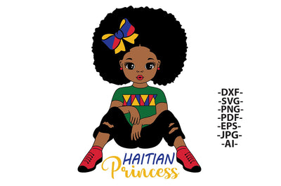 Haitian Princess SVG Afro Girl Sitting Red Blue Yellow Bow Heritage Pride Clipart PNG PDF EPS DXF AI JPG Cultural Design for Cricut and Sublimation SVG 1uniqueminute 