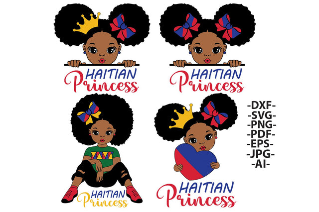 Haitian Princess SVG Bundle of 4 Black Girls with Afro Puffs | Haiti Flag Colors Clipart for Sublimation, PNG for Cricut, DXF, Cultural Pride Set SVG 1uniqueminute 