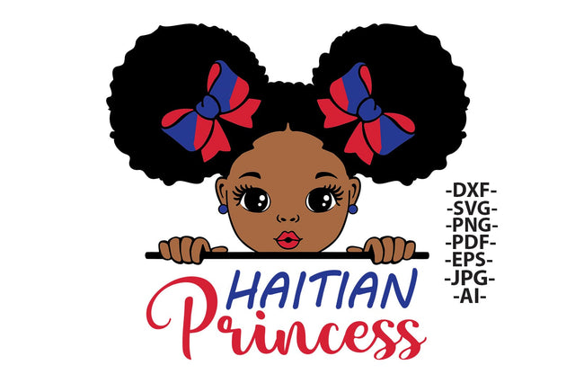 Haitian Princess SVG Peeking Black Girl PNG DXF PDF EPS JPG AI Afro Puffs with Red and Blue Bows Clipart for Cricut Projects and Shirt Designs SVG 1uniqueminute 