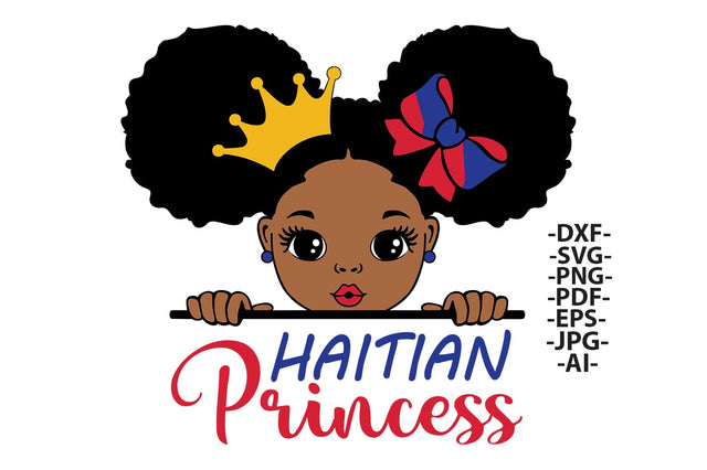 Haitian Princess SVG with Crown Peeking Black Girl PNG DXF PDF EPS JPG AI Afro Puffs with Red and Blue Bows Clipart f SVG 1uniqueminute 