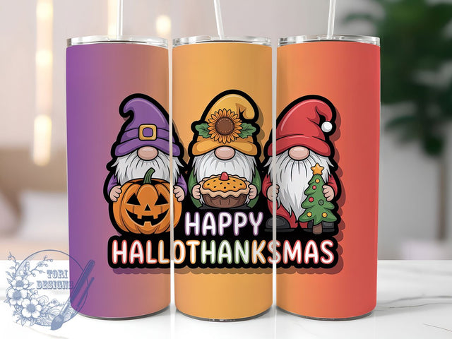 Hallothanksmas 3D Gnome Tumbler, 3D Holiday Wrap, 20oz Sublimation Design, Thanksgiving Christmas Halloween Tumbler, Festive Gnome Drinkware, Seasonal Holiday Wrap, Cute Gnome Design Sublimation ToriDesigns 