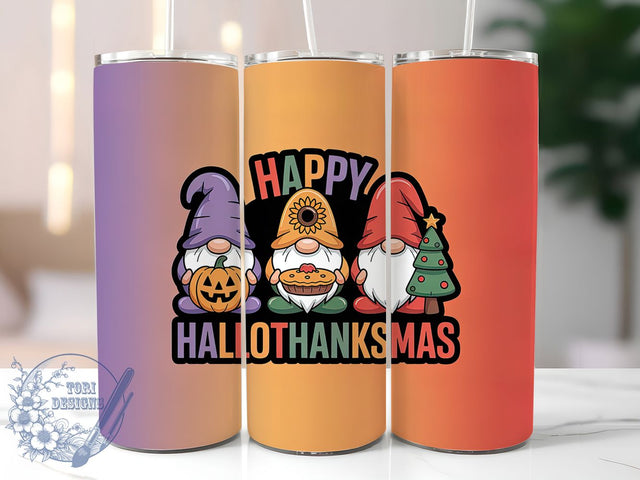 Hallothanksmas 3D Gnome Tumbler, 3D Holiday Wrap, 20oz Sublimation Design, Thanksgiving Christmas Halloween Tumbler, Festive Gnome Drinkware, Seasonal Holiday Wrap, Cute Gnome Design Sublimation ToriDesigns 