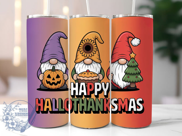 Hallothanksmas 3D Gnome Tumbler, 3D Holiday Wrap, 20oz Sublimation Design, Thanksgiving Christmas Halloween Tumbler, Festive Gnome Drinkware, Seasonal Holiday Wrap, Cute Gnome Design Sublimation ToriDesigns 