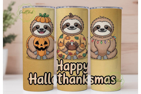 Hallothanksmas Sloth Tumbler Wrap Sublimation PixelChick 