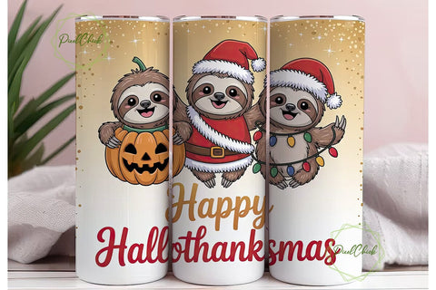 Hallothanksmas Sloth Tumbler Wrap Sublimation PixelChick 