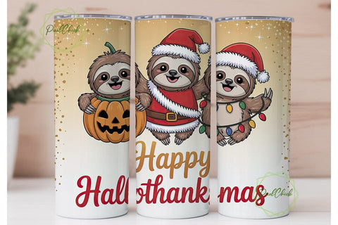 Hallothanksmas Sloth Tumbler Wrap Sublimation PixelChick 