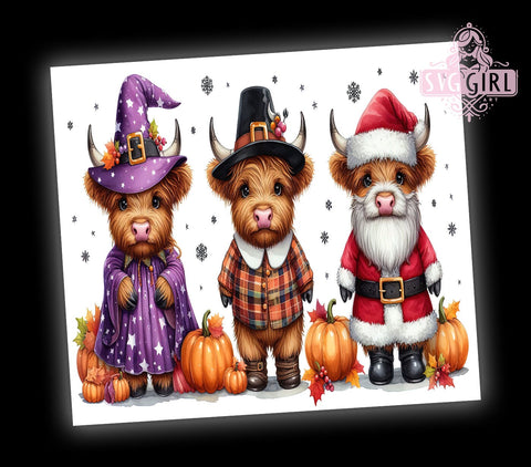Hallothanksmas Tumbler, Highland Cow Design, 20 oz Tumbler Wrap, Digital Download, Sublimation PNG, Holiday Decor, Funny Cow Gift, Seasonal Tumbler Sublimation SvggirlplusArt 