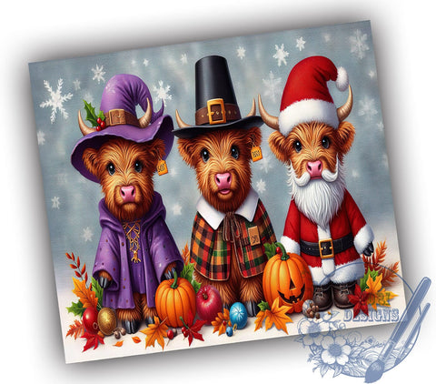 Hallothanksmas Tumbler, Highland Cow Design, Sublimation PNG, Holiday Decor, Funny Gift, 20 oz Tumbler, Seasonal Art, Thanksgiving Christmas Sublimation ToriDesigns 
