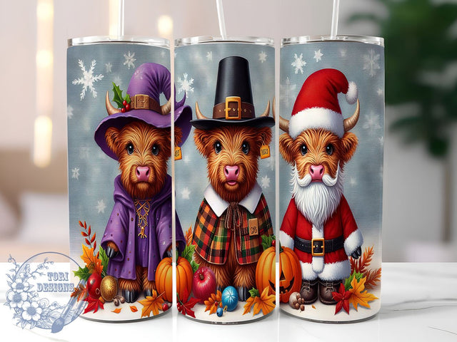 Hallothanksmas Tumbler, Highland Cow Design, Sublimation PNG, Holiday Decor, Funny Gift, 20 oz Tumbler, Seasonal Art, Thanksgiving Christmas Sublimation ToriDesigns 
