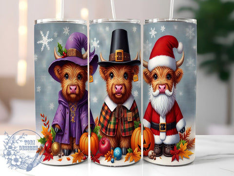 Hallothanksmas Tumbler, Highland Cow Design, Sublimation PNG, Holiday Decor, Funny Gift, 20 oz Tumbler, Seasonal Art, Thanksgiving Christmas Sublimation ToriDesigns 