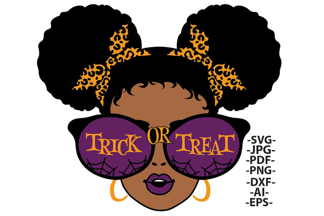 Halloween Afro Girl Trick or Treat Clipart with Leopard Bows and Sunglasses in SVG PNG JPG PDF DXF AI EPS Formats for Cricut and Sublimation SVG 1uniqueminute 