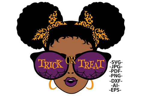 Halloween Afro Girl Trick or Treat Clipart with Leopard Bows and Sunglasses in SVG PNG JPG PDF DXF AI EPS Formats for Cricut and Sublimation SVG 1uniqueminute 