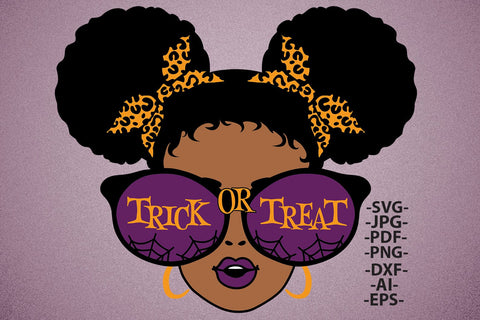 Halloween Afro Girl Trick or Treat Clipart with Leopard Bows and Sunglasses in SVG PNG JPG PDF DXF AI EPS Formats for Cricut and Sublimation SVG 1uniqueminute 