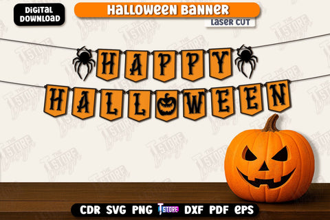 Halloween Banner Laser Cut Bundle, Happy Halloween Garland SVG, Halloween Flags, Spooky Bunting Banner, Wall Decor, Halloween Quotes SVG SVG The T Store Design 