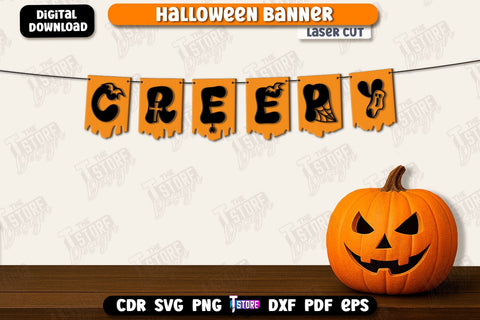 Halloween Banner Laser Cut Bundle, Happy Halloween Garland SVG, Halloween Flags, Spooky Bunting Banner, Wall Decor, Halloween Quotes SVG SVG The T Store Design 