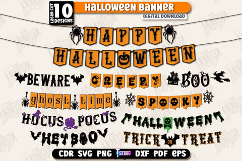 Halloween Banner Laser Cut Bundle, Happy Halloween Garland SVG, Halloween Flags, Spooky Bunting Banner, Wall Decor, Halloween Quotes SVG SVG The T Store Design 