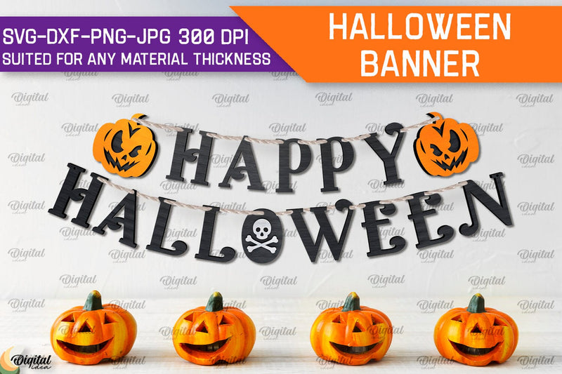 Halloween Banner Laser Cut Design. Happy Halloween Decor SVG SVG Evgenyia Guschina 