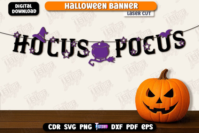 Halloween Banner Laser Cut, Happy Halloween Garland SVG, Halloween Flags, Spooky Bunting Banner, Wall Decor, Halloween Quotes SVG SVG The T Store Design 