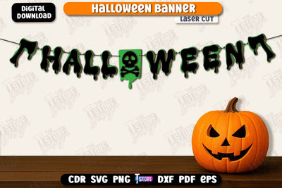 Halloween Banner Laser Cut, Happy Halloween Garland SVG, Halloween Flags, Spooky Bunting Banner, Wall Decor, Halloween Quotes SVG SVG The T Store Design 