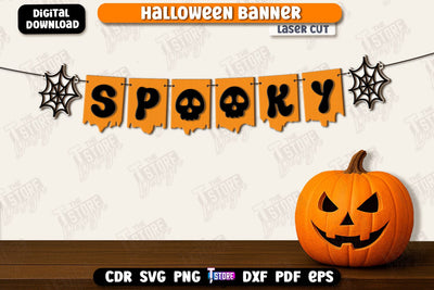 Halloween Banner Laser Cut, Happy Halloween Garland SVG, Halloween Flags, Spooky Bunting Banner, Wall Decor, Halloween Quotes SVG SVG The T Store Design 