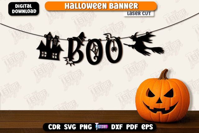Halloween Banner Laser Cut, Happy Halloween Garland SVG, Halloween Flags, Spooky Bunting Banner, Wall Decor, Halloween Quotes SVG SVG The T Store Design 