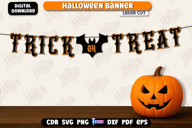 Halloween Banner Laser Cut, Happy Halloween Garland SVG, Halloween Flags, Spooky Bunting Banner, Wall Decor, Halloween Quotes SVG SVG The T Store Design 