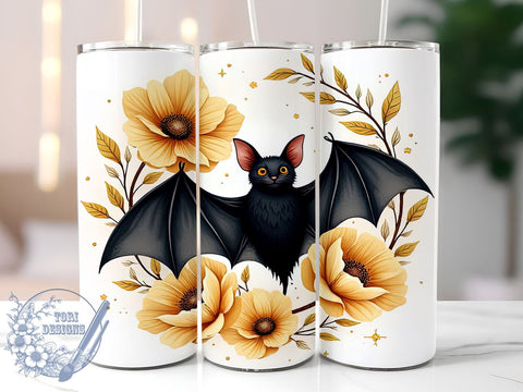 Halloween Bats and Flowers 20oz Skinny Tumbler PNG, Floral Bats Tumbler Sublimation Wrap, Straight & Tapered Tumbler Wrap, Instant Digital Download Sublimation ToriDesigns 