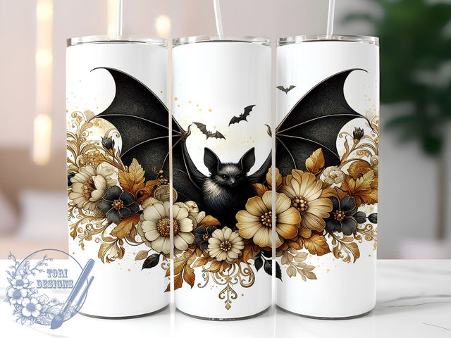 Halloween Bats and Flowers 20oz Skinny Tumbler PNG, Floral Bats Tumbler Sublimation Wrap, Straight & Tapered Tumbler Wrap, Instant Digital Download Sublimation ToriDesigns 
