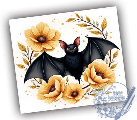 Halloween Bats and Flowers 20oz Skinny Tumbler PNG, Floral Bats Tumbler Sublimation Wrap, Straight & Tapered Tumbler Wrap, Instant Digital Download Sublimation ToriDesigns 