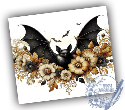Halloween Bats and Flowers 20oz Skinny Tumbler PNG, Floral Bats Tumbler Sublimation Wrap, Straight & Tapered Tumbler Wrap, Instant Digital Download Sublimation ToriDesigns 