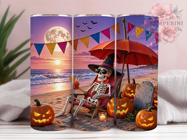 Halloween Beach Skeleton 20oz Tumbler, Beach Skeleton, Halloween Design, Spooky Tropical, Halloween Vibes, Rustic Charm, 20oz Wrap, Sublimation Tumbler Sublimation Li Zamperini 