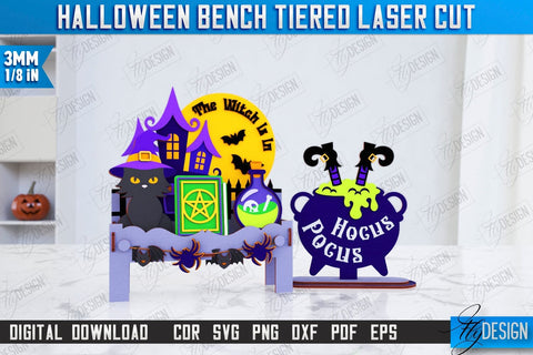 Halloween Bench Laser Cut Bundle | Seasonal Décor | Halloween Stand with Elements | CNC Files SVG Fly Design 