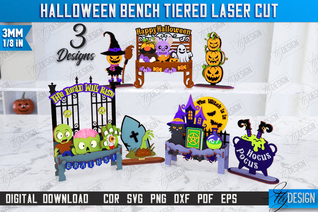 Halloween Bench Laser Cut Bundle | Seasonal Décor | Halloween Stand with Elements | CNC Files SVG Fly Design 