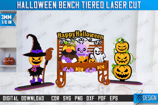 Halloween Bench Laser Cut | Seasonal Décor | Halloween Stand with Elements | CNC File SVG Fly Design 
