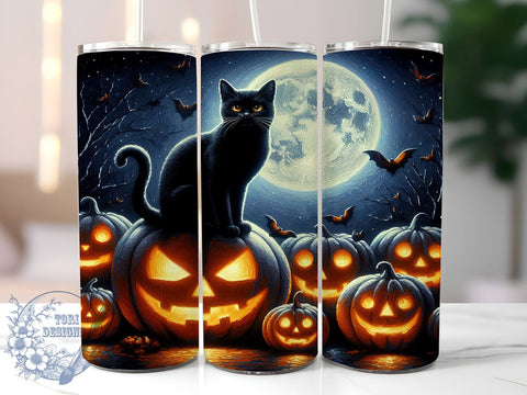 Halloween Black Cat 20oz Skinny Tumbler PNG, Full Moon Black Cat Tumbler Sublimation Wrap, Straight & Tapered Tumbler Wrap, Instant Digital Download Sublimation ToriDesigns 