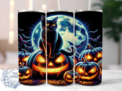 Halloween Black Cat 20oz Skinny Tumbler PNG, Full Moon Black Cat Tumbler Sublimation Wrap, Straight & Tapered Tumbler Wrap, Instant Digital Download Sublimation ToriDesigns 