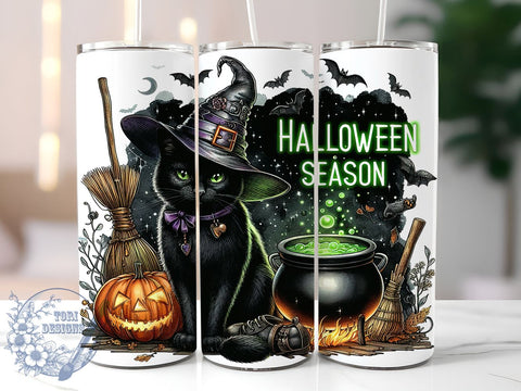 Halloween Black Cat 20oz Skinny Tumbler PNG, Spooky Season Cat Tumbler Sublimation Wrap, Straight & Tapered Tumbler Wrap, Instant Digital Download Sublimation ToriDesigns 
