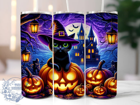 Halloween Black Cat 20oz Skinny Tumbler, Spooky Cat Tumbler Png, Straight & Tapered Tumbler Wrap, Instant Digital Download Sublimation ToriDesigns 